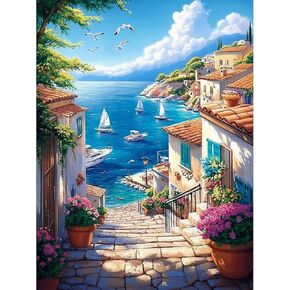 QENSPE DIY Arcylic Paint by Number,Seaside Town Painting Kits for Adults,Canvas Painting Tool Set for Beginners in Landscape,Home Wall Decor 12x16 Inch