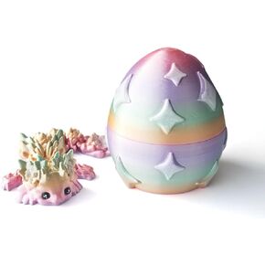 3D Printed Axolotl Dragon with Egg Toy, Cute 3-d Printing Kosha Flowers Dragons Eggs Flexible Fidget, White & Rainbow