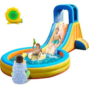 Inflatable Water Slide for Kids – 5-in-1 Blow Up Bounce House with Long Slide, Climbing Wall, Splash Pool, Water Cannon, Spray Water Spout – Backyard Toddler Water Park with 370W Blower & Storage Bag