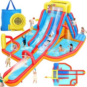 Whubefy Inflatable Water Slide Obstacle Course for Kids Backyard Blow Up Water Park with 3 Interactive Aqua Hurdles, Deep Pool with Sprinkler, Long Slide Large Splash Pool, Arch with Basketball Hoop