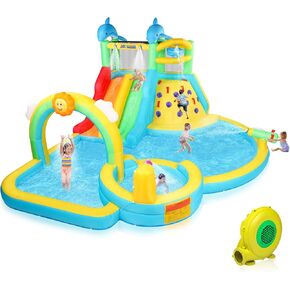 (2025 New) JOYMOR Inflatable Water Slide Bounce House w/Water Bucket, Climbing Wall, Pool, Rainbow Sprinklers, 1min Blow Up Water Slide 10-in-1 for Kids w/Strong Blower, Carrying Bag