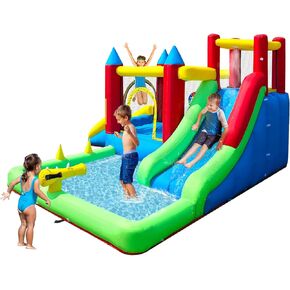 9-in-1 Inflatable Water Slide for Kids Age 3-6, Outdoor Blow Up Bounce House Water Park with Dual Slides, Climbing Wall, Splash Pool, Water Cannons, Jumping Area, Backyard Water Slide with Blower
