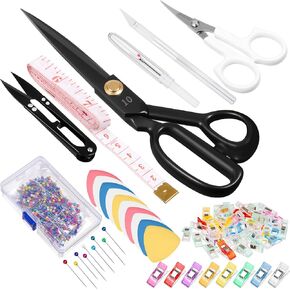 Lasnten 10 Inch Fabric Scissors Heavy Duty Sewing Scissors for Cutting Leather Clothes Tailor Shears Set with Tailors Chalk, Plastic Clips, Sewing Pin for Home Office Artists Dressmakers