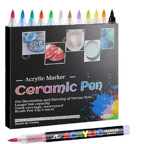 Acrylic Marker Ceramics Pens - Ceramic Paint Brush Pen for Porcelain,Mugs,Both Glazed and Unglazed Ceramics Permanent Marke(12 Colors)