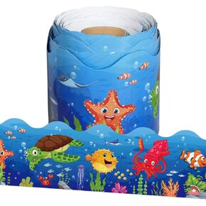 65.6Ft Ocean Bulletin Board Borders, Summer Under The Sea Bulletin Board Borders Sea Animals Scalloped Border Trim for Home Office School Classroom Chalkboard Wall & Ocean Party Decor