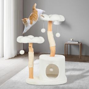 Small Cat Tree for Indoor Cats Large Adult, Cats Climbing Tower with Scratching Post, Cat Condo, Green Wood Cats Tree, Flower Cat Trees, Modern Cute Cat Tree with Dangling Ball (Mnit Green)
