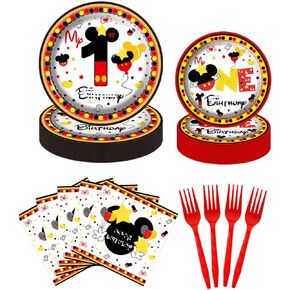 XXDecor 80 PCS Cartoon Red Cartoon 1st Birthday Party Party - One Boys One Birthday Dessert Plates Napkins Forks Tableware Kit for Boys 1st Bday Party Decorations Supplies (20 supers)