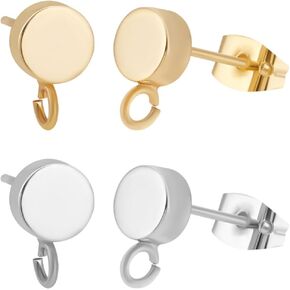 Beebeecraft 20Pcs Flat Round Stud Earrings with Loop 18K Gold & 925 Sterling Silver Plated Earring Posts Findings for Jewelry Making