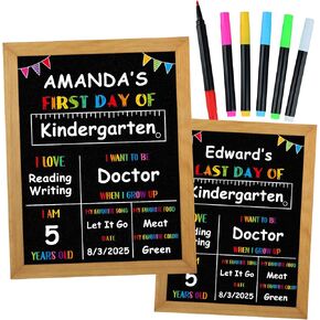 PETCEE First Day of School Sign with Liquid Chalk Markers - Wood Frame Double Sided Reusable Erasable Chalkboard 10"x 12" Back to School 1st Day of Preschool Pre-K Kindergarten Gifts for Daughter Son