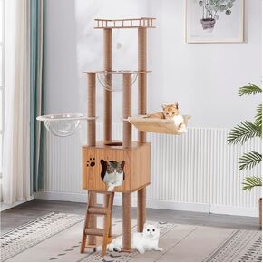 61'' Wooden cat Tree with cat Condo, Cat Stairs Scratching Posts, 2 Bowl,Sisal Scratching Posts,Cozy Cat Hammock and Top Perch. Cat Tree for Large Cats.