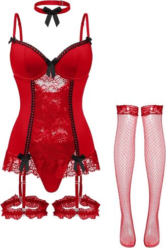 Lilosy Sexy Bows Ruffle Bustier Corset Underwire Push Up Floral Lace Mesh Sheer Babydoll Maid Lingerie Women Teddy Bodysuit Set Nightshirt Boudoir Outfits Garter 3 Piece Black and White X-Large in Kuwait