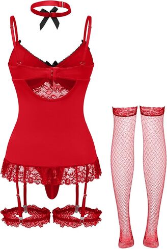 Lilosy Sexy Bows Ruffle Bustier Corset Underwire Push Up Floral Lace Mesh Sheer Babydoll Maid Lingerie Women Teddy Bodysuit Set Nightshirt Boudoir Outfits Garter 3 Piece Black and White X-Large in Kuwait