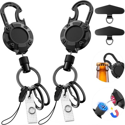 2 Pack Magnetic Retractable Keychain - Heavy Duty Badge Reel with Built-in Bottle Opener Carabiner Clip, 25.5" Steel Cord Badge Holder Retractable Clip Holds 18oz in Saudi Arabia