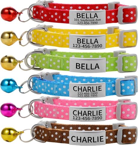 Custom Breakaway Cat Collars with Bell - Engraved Stainless Steel No Noise Slide-On Identification Tags On Collar - Up to 3 Lines of Personalized Text (Polka Dot Print) in Saudi Arabia