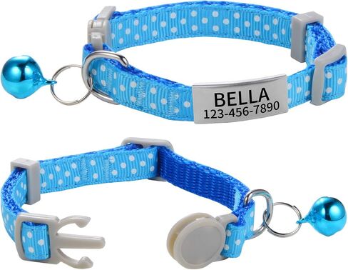 Custom Breakaway Cat Collars with Bell - Engraved Stainless Steel No Noise Slide-On Identification Tags On Collar - Up to 3 Lines of Personalized Text (Polka Dot Print) in Saudi Arabia