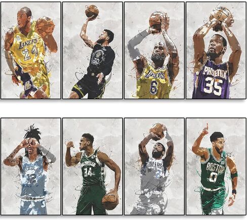 Stephen Curry, Bryant, James, Ja Morant, Antetokounmpo, Doncic, Tatum, Butler Poster Basketball Canvas Poster Wall Art Print Set of 8 Gifts for Boys Living Room Bedroom Decoration Unframed: 8x12inch in Saudi Arabia