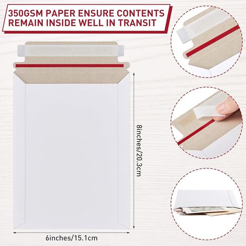 Fainne 300 Pieces 6x8 Inches Rigid Self Adhesive White Photo Mailers 350GSM Document Thicken Keep Flat Cardboard Mailers Shipping Envelopes Photography for Photos, Documents, CD in Kuwait