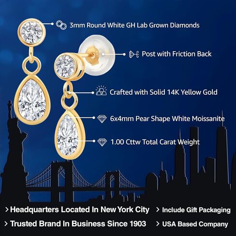 أقراط متدلية من الذهب الأصفر عيار 14 قيراط من Gem Stone King والمويسانتي الأبيض والألماس الأبيض للنساء (1.00 قيراط، حجر ميلاد الأحجار الكريمة، شكل كمثرى 6 × 4 مم، دائري 3 مم) in Saudi Arabia