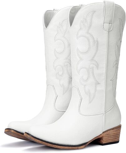 أحذية رعاة البقر للنساء - أحذية راعية البقر مطرزة غربية متوسطة الساق بكعب مكتنز ومقدمة مدببة أحذية ريفية in Kuwait