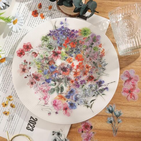 50Pcs Transparent Flower Stickers for Scrapbooking PET Nature Plant Sticker Floral Stickers Colorful Vintage Craft Sticker for Journaling Scrapbooking Clear Flowers Decals (Flower) in Saudi Arabia