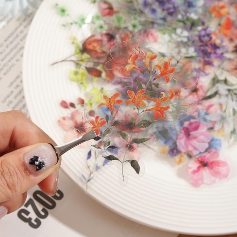 50Pcs Transparent Flower Stickers for Scrapbooking PET Nature Plant Sticker Floral Stickers Colorful Vintage Craft Sticker for Journaling Scrapbooking Clear Flowers Decals (Flower) in Saudi Arabia