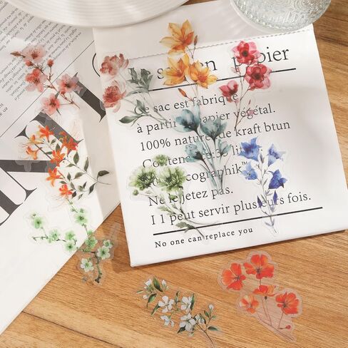 50Pcs Transparent Flower Stickers for Scrapbooking PET Nature Plant Sticker Floral Stickers Colorful Vintage Craft Sticker for Journaling Scrapbooking Clear Flowers Decals (Flower) in Saudi Arabia