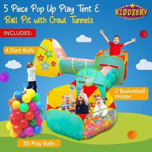 5pc Kids Play Tent for Toddlers with Ball Pit, Crawl Tunnel, Indoor & Outdoor Playhouse, Jungle Gym, Toys for Boys & Girls, Includes Dart Balls, Teepee & Basketball Hoops, (with 50 Balls) in Saudi Arabia