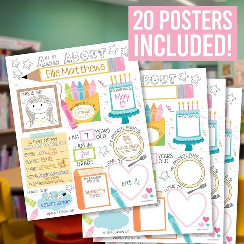 Hadley Designs All About Me Posters Elementary - 20 Star Student Poster Kindergarten, 11x14 All About Myself Star of The Week Poster Preschool, Pastel PreK Classroom Must Haves in Saudi Arabia