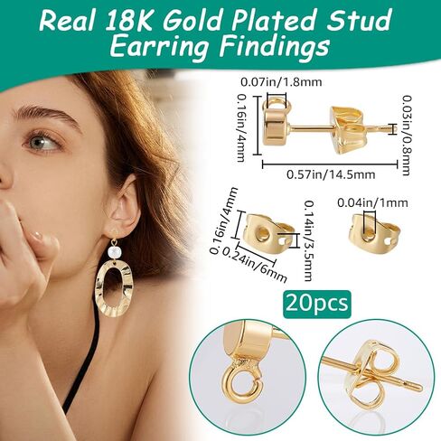 Beebeecraft 20Pcs Flat Round Stud Earrings with Loop 18K Gold & 925 Sterling Silver Plated Earring Posts Findings for Jewelry Making in Saudi Arabia