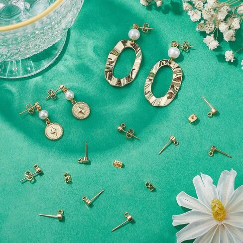 Beebeecraft 20Pcs Flat Round Stud Earrings with Loop 18K Gold & 925 Sterling Silver Plated Earring Posts Findings for Jewelry Making in Saudi Arabia