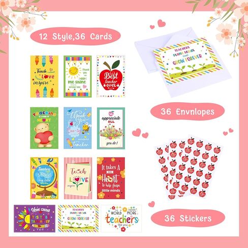 Jetec 36 Sets Teacher Thank You Cards for Teacher Appreciation Gift Bulk TeacherS Day Motivational Card for Teacher Best Teacher Ever Card Teacher of the Year Appreciation Gifts (Fresh Style) in Saudi Arabia
