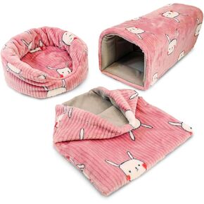 GuineaDad Guinea Pig Hideout & Tunnel Set – Plush Enrichment Toys and Accessories for Guinea Pigs – Soft Small Animal Hideaway, Tunnel, and Hiding Hut – Indoor Play for Cage or Enclosure (Pink)