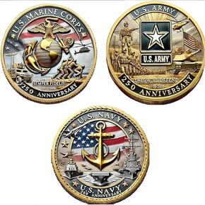 250th Anniversary U.S. Army Challenge Coin Set - Army, Navy, Marine Corps Coins - Gold Edge Double-Sided Embossed Design - 1.57" Durable Metal Coin - Veteran/Patriotic Collector Gift (All-3pcs)