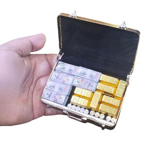 1:6 Scale Miniature Golden Briefcase Set - Includes 8 Fake Gold Bars, 12 Bundles of $100 Mini Dollar Bills, and 10 Vintage Coins - Unique Adult NoveltyToy & Dollhouse Accessories
