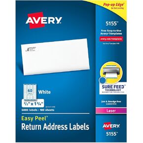 Avery 5155 Easy Peel Mailing Address Labels, Laser, 2/3 x 1 3/4, White, 6000/Pack