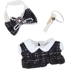 Doll Clothes for 17cm Dolls, Cute Outfit with Accessories – Plaid Tweed Dress & Pearl Bow (No Doll) (Pink Bow)
