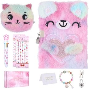 Cat Diary with Lock for girls,6 7 8 Year Old Girl Birthday Gifts,Cute Journal with Lock,Includes a Hardcover Fluffy Locking Notebook,Multicolored Pens,Diamond Stickers and Gift Box(Pink)