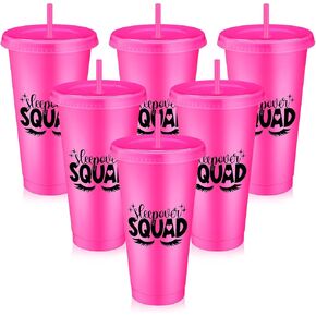 Sleepover Party Supplies for Girls Sleepover Squad Cups with Lids and Straws 24 oz Slumber Party Plastic Tumbler Coffee Cup for Birthdays Slumber Spa Parties Favors(Glitter Pink,6 Pcs)