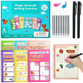 Elover Grooved Handwriting Practice Books Reusable Magic Copybook with Pens & Pencil Grips Letter Tracing Books for Kids Age 3-5 & Up Preschool Learning Activities (7.4 * 5.1 INCH)