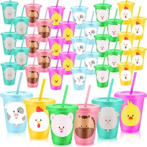 24 Pcs Farm Animal Birthday Decorations Cups with Straws and Lids, 16oz Reusable Farm Animals Drink Cups Cute Pig Sheep Chicken Duck Horse Cow for Farm Theme Party Supplies Birthday