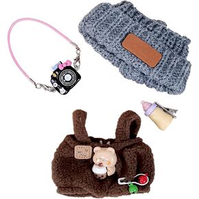 Doll Clothes for 17cm Dolls, Soft Knit Hat, Cozy Overalls, Camera, Bottle & Cute Accessories (No Doll) (Pink)
