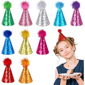 10 Pcs Glitter Birthday Party Hats with Pom Poms Reusable Adjustable DIY Decorations for Women Men Pets Colorful Holiday Celebration Supplies for Birthday New Year Festive Events