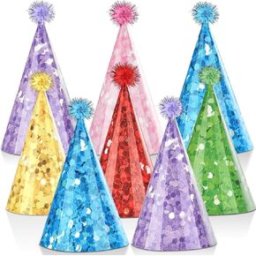 24 PCS Glitter Cone Hats Colorful Birthday Party Hat with Pompoms Glitter Cone Paper Hat Colorful Cone Paper Hats for Kids and Adults Birthday, Baby Shower, Bridal Shower Party Decorations
