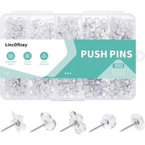 300pcs Push Pins Set, Clear Thumb Tacks for Wall, Bulletin Board, Cork Board and Foam Boards