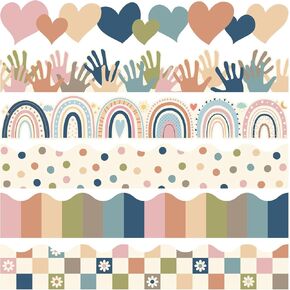 236ft Boho Bulletin Board Borders ، 6 أنماط ملونة فريدة من نوعها ، ورق تقليم على التوالي لديكور الفصول الدراسية ، السبورة المدرسية ، المكتب (6 لفات)