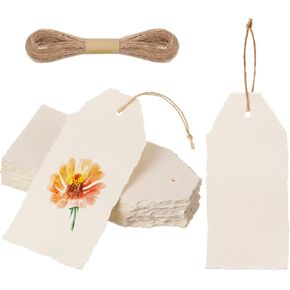 50 Pack Handmade Vintage Deckle Edge Tags with String 3.75 x 1.75 Thick 160 GSM Cotton Gift Tags with String Attached for Name Cards Place Cards Arts Crafts Gift(Vintage Beige)