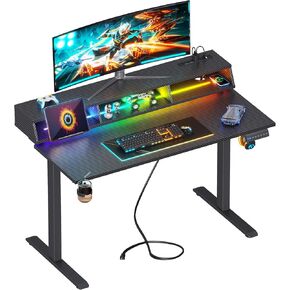 Gaming Standing Desk with LED Light, 55 Inch Electric Height Adjustable Table with Power Outlet & Floating Monitor Stand, Sit Stand Computer Workstation for Kids Boys Men, Black