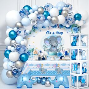 Golray 155pcs زخارف دش الطفل الفيل للبنين ، صناديق مع رسائل/ أزمة أغطية بالون زرقاء/ خلفية/ مفرش المائدة/ النجمة ، لوازم حفلة عيد ميلاد الفيل ،