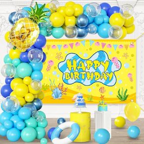 Cartoon Sponge Balloon Arch Kit-Blue Green Yellow Balloons Birthday Decorations For Boys girl,Party Decor Supplies Girls Including Happy Birthday Backdrop