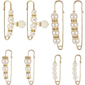 Giantree 8 Pcs Pearl Brooches, Imitation Pearl Rhinestone Brooch Safety Pins, Suitable for Girls Clothing Dress Pants Cardigan Collar Skirt Accessories Waist Extender Decorative Pins (Gold)